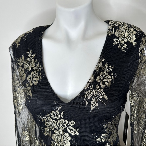 Lulu's Say It With Flowers Black Metallic Lace Bell Sleeve Mini Dress NWT small - Picture 4 of 7